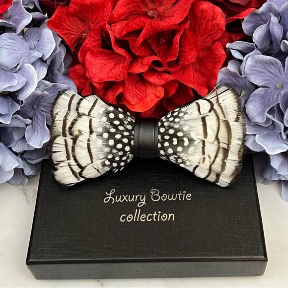 Handmade Black and White Feather Bow Tie Boutonnière Lapel Pin Set - Picture 3 of 16